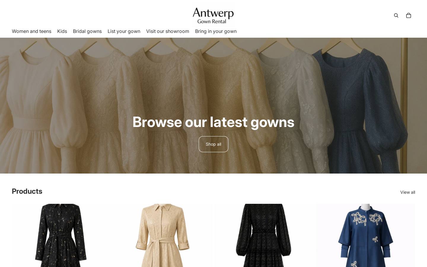 antwerpgownrental.com homepage screenshot