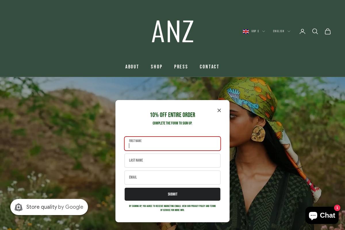 anzclothing.com homepage screenshot