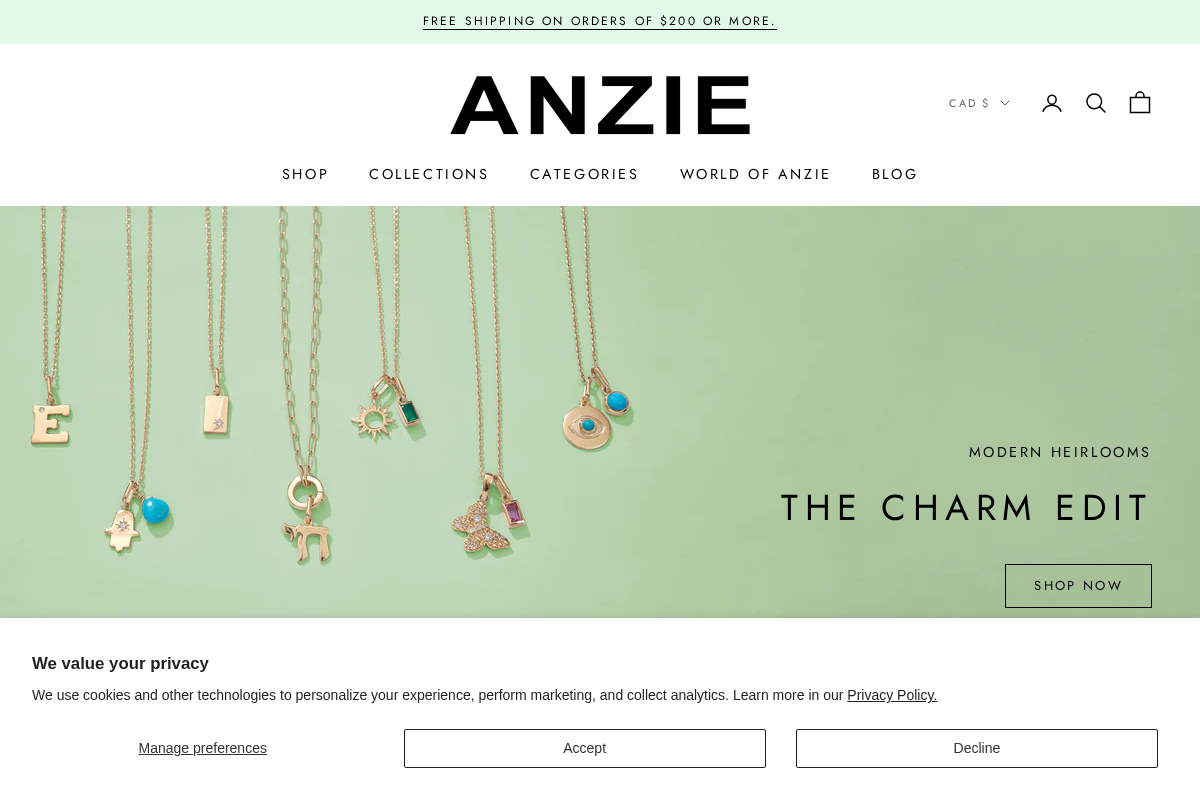 anzie.com homepage screenshot