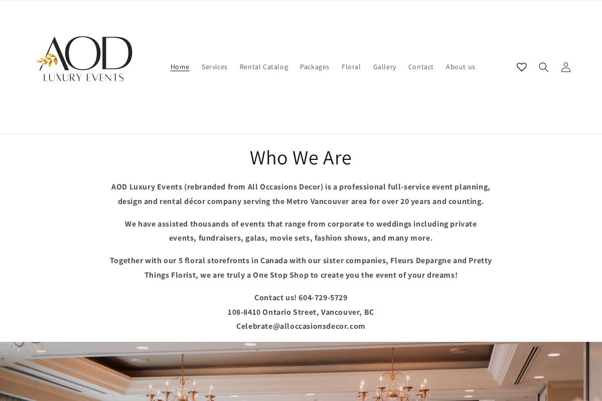 aodluxuryevents.com homepage screenshot