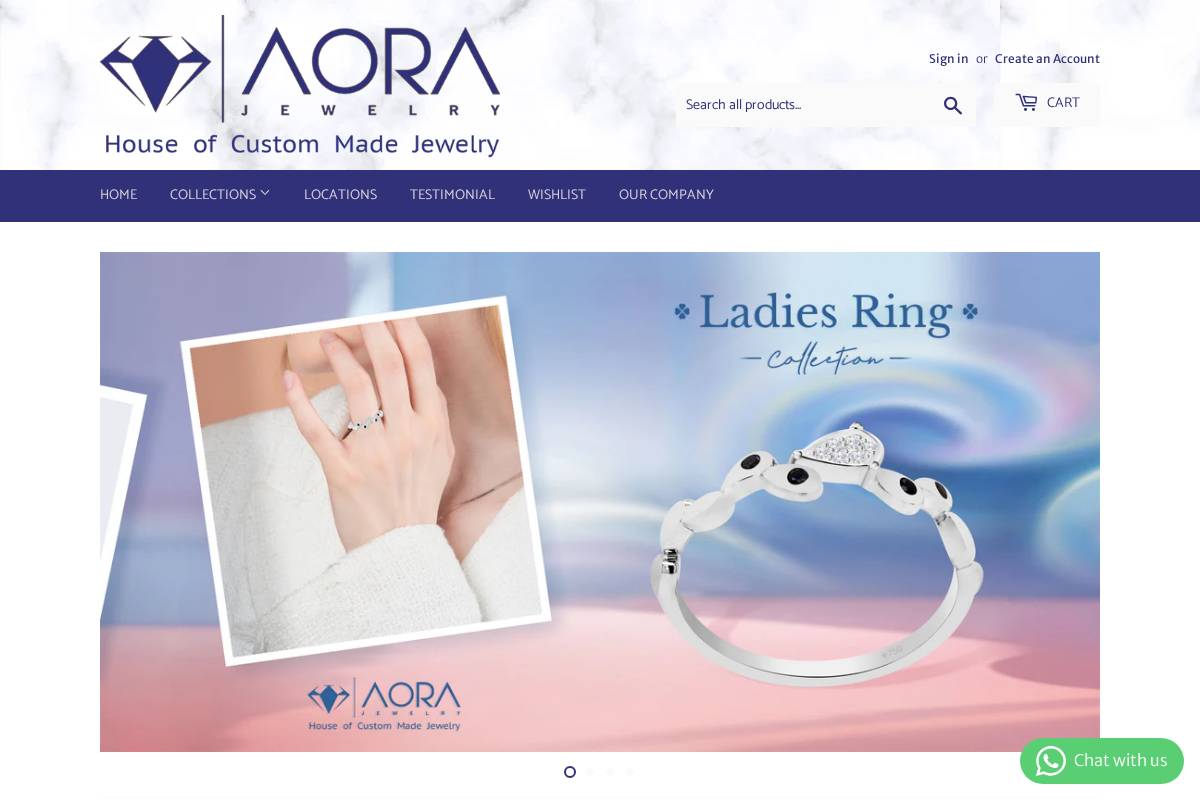 Aora Jewelry homepage screenshot
