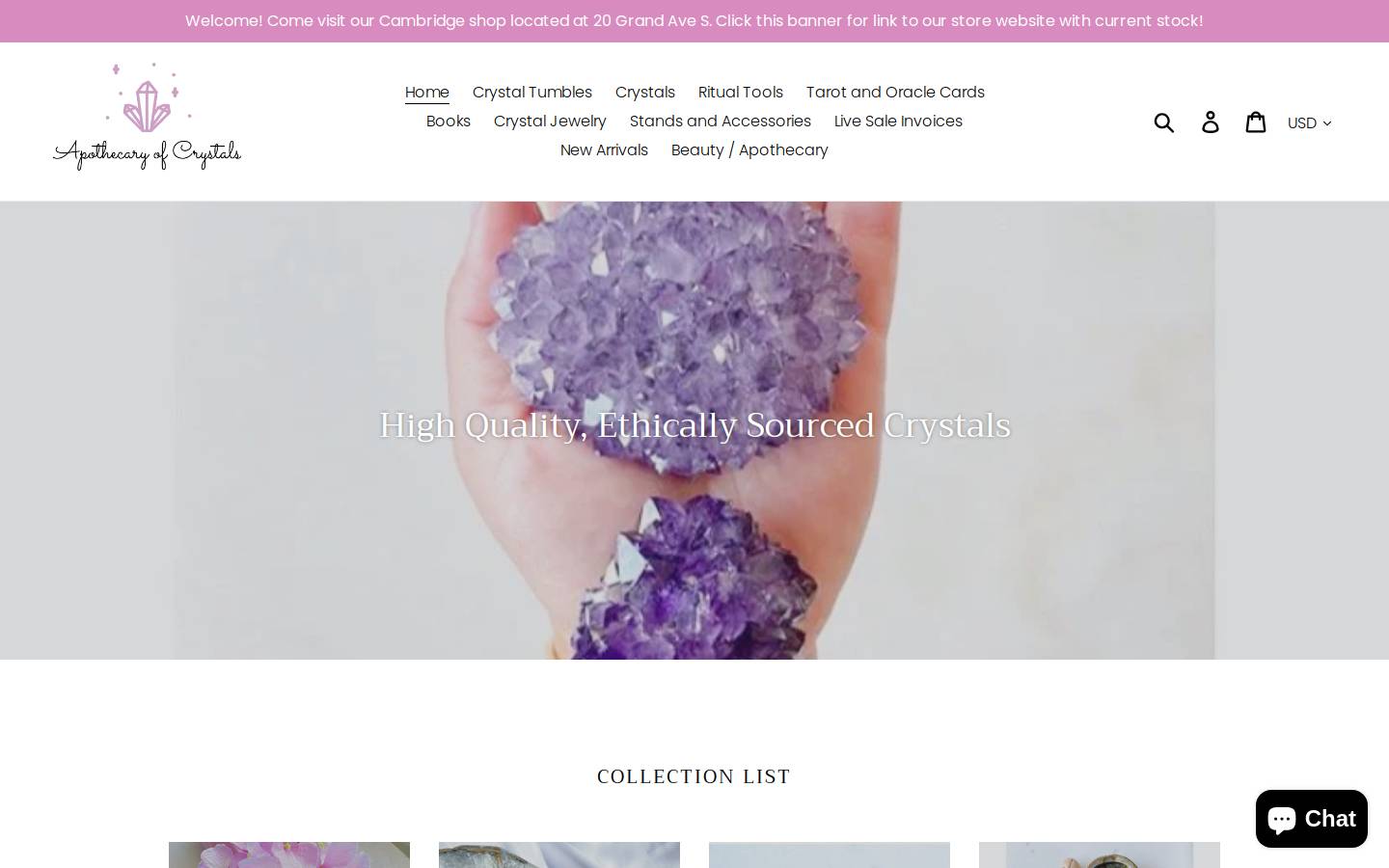 apothecaryofcrystals.com homepage screenshot