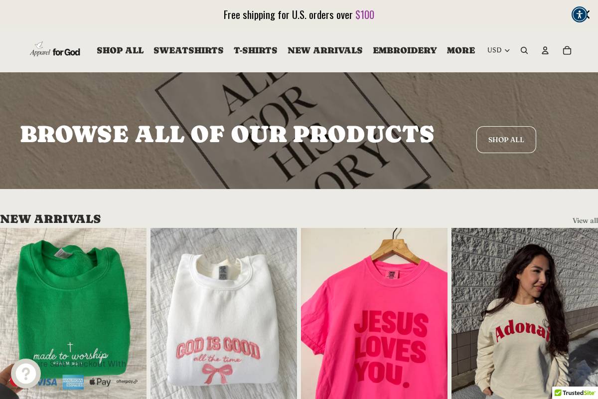 apparelforgod.com homepage screenshot