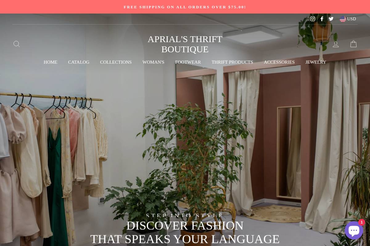 aprialsthriftboutique.com homepage screenshot