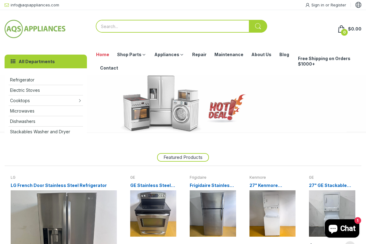 aqsappliances.com homepage screenshot