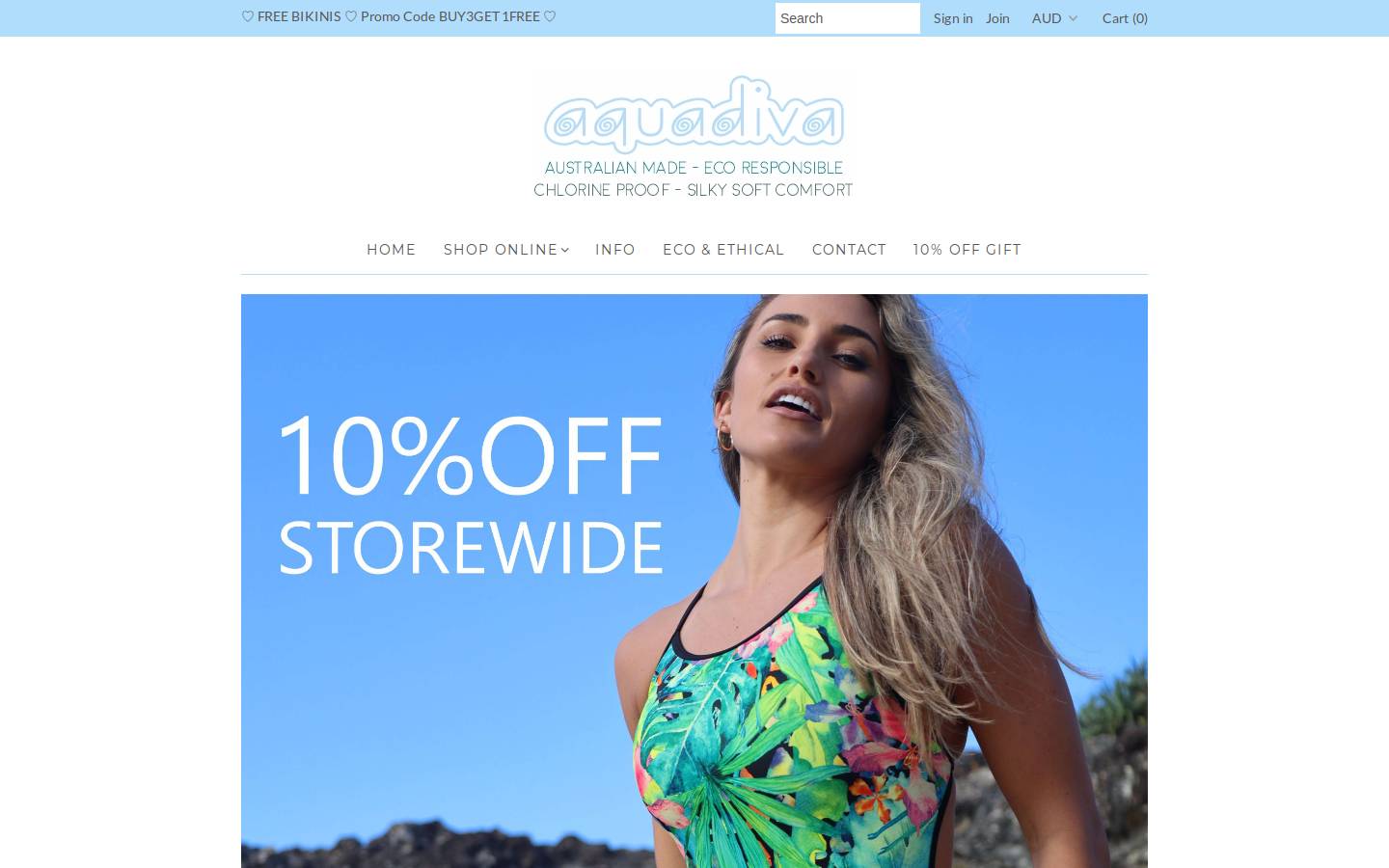 aquadivaswimwear.com.au homepage screenshot