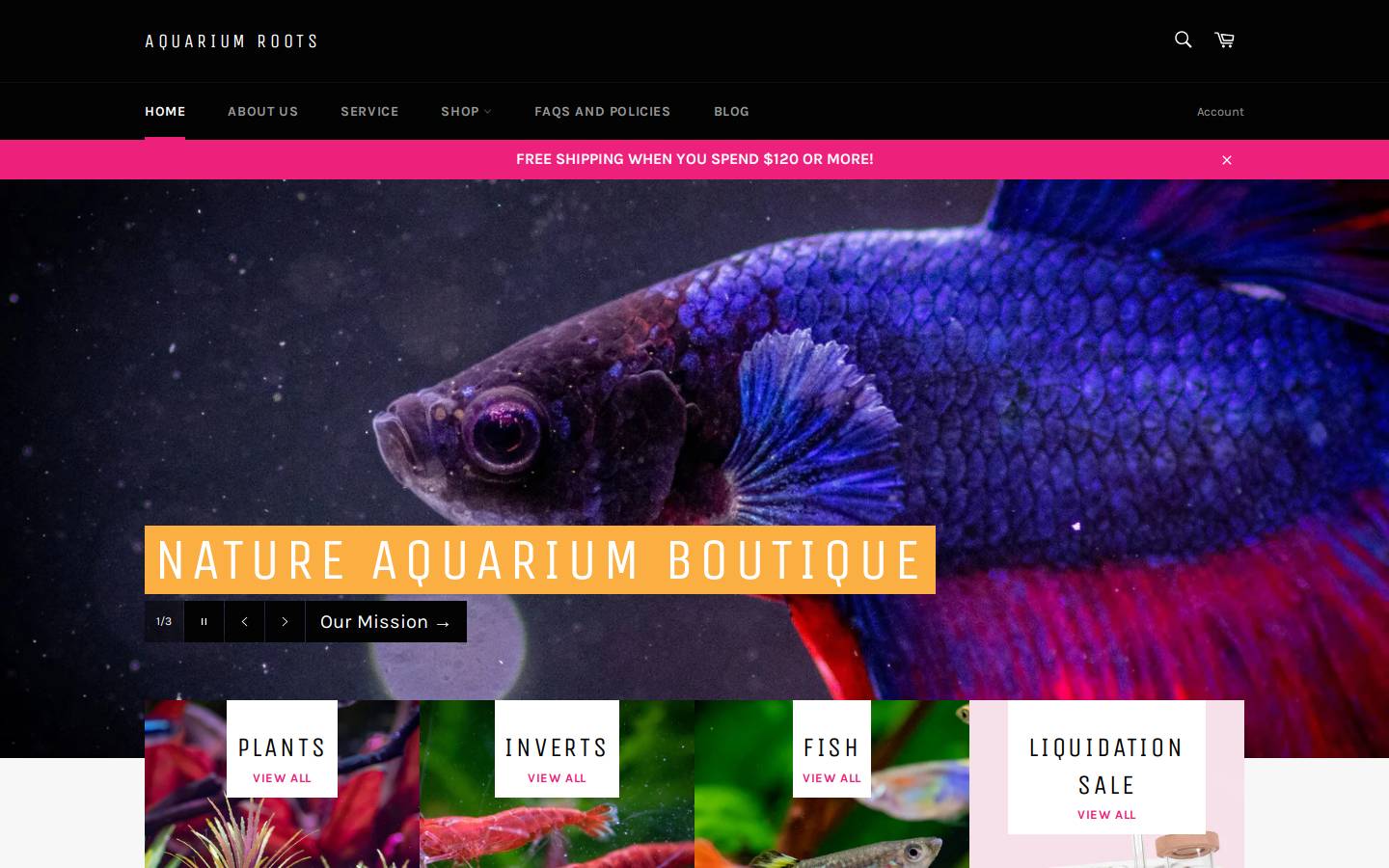 aquariumroots.com homepage screenshot