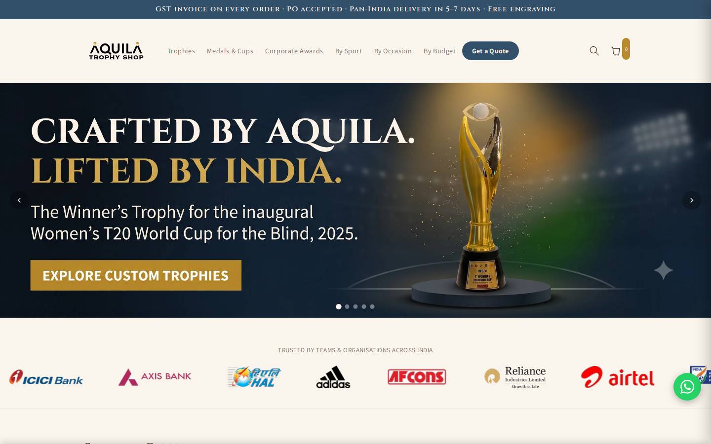 aquilatrophies.in homepage screenshot
