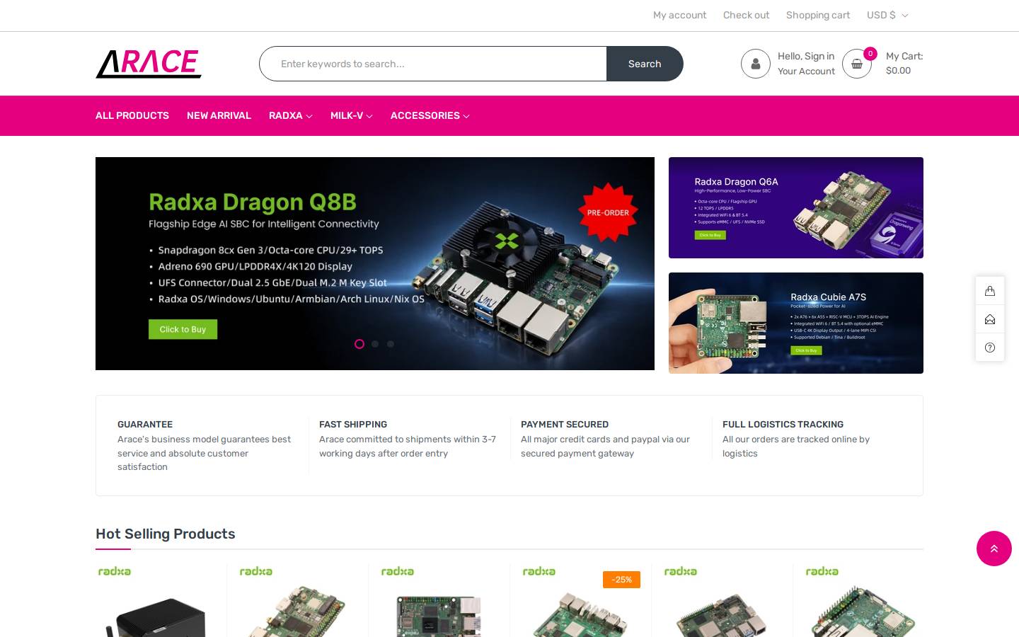 Arace homepage screenshot