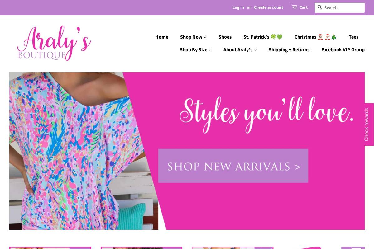 aralysboutique.com homepage screenshot