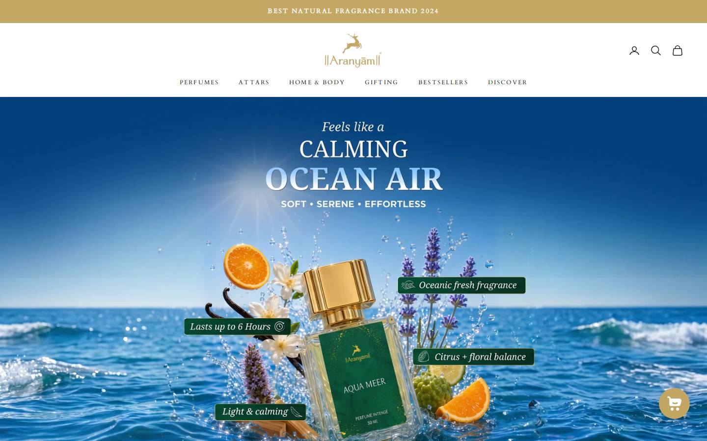 Aranyam Perfumes homepage screenshot