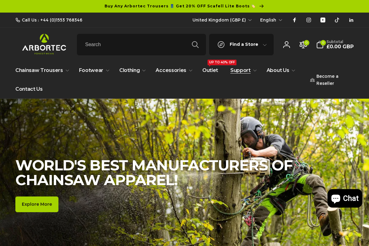 Arbortec Forestwear homepage screenshot