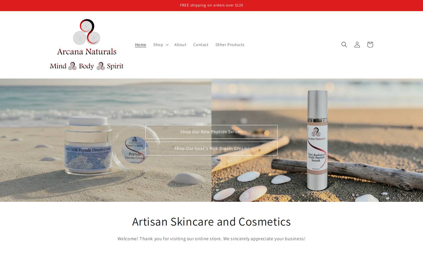 arcananaturals.com homepage screenshot