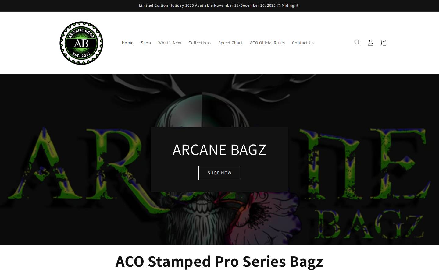 arcanebagz.com homepage screenshot