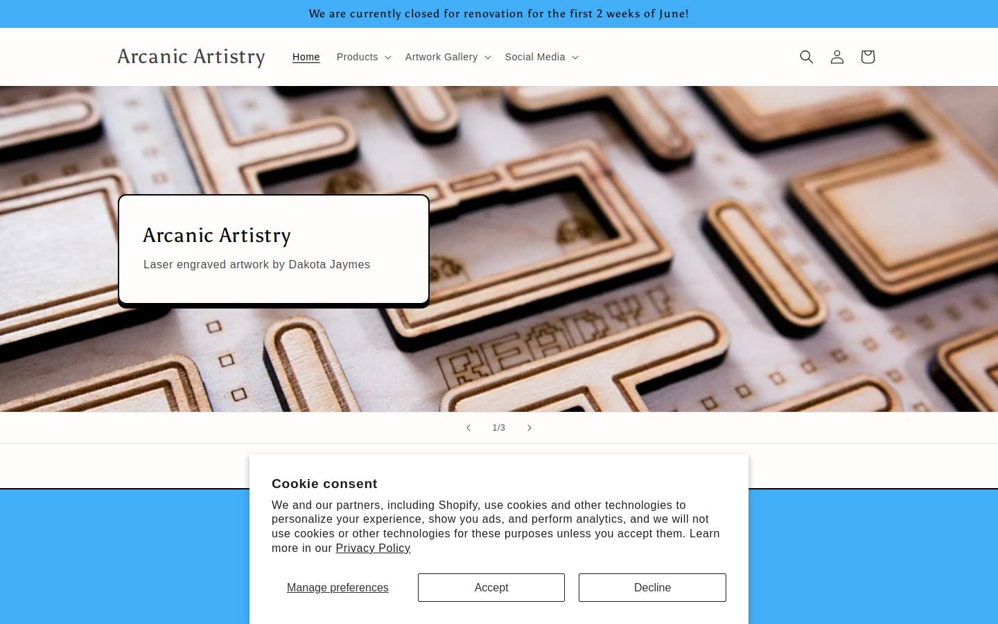 arcanicartistry.com homepage screenshot