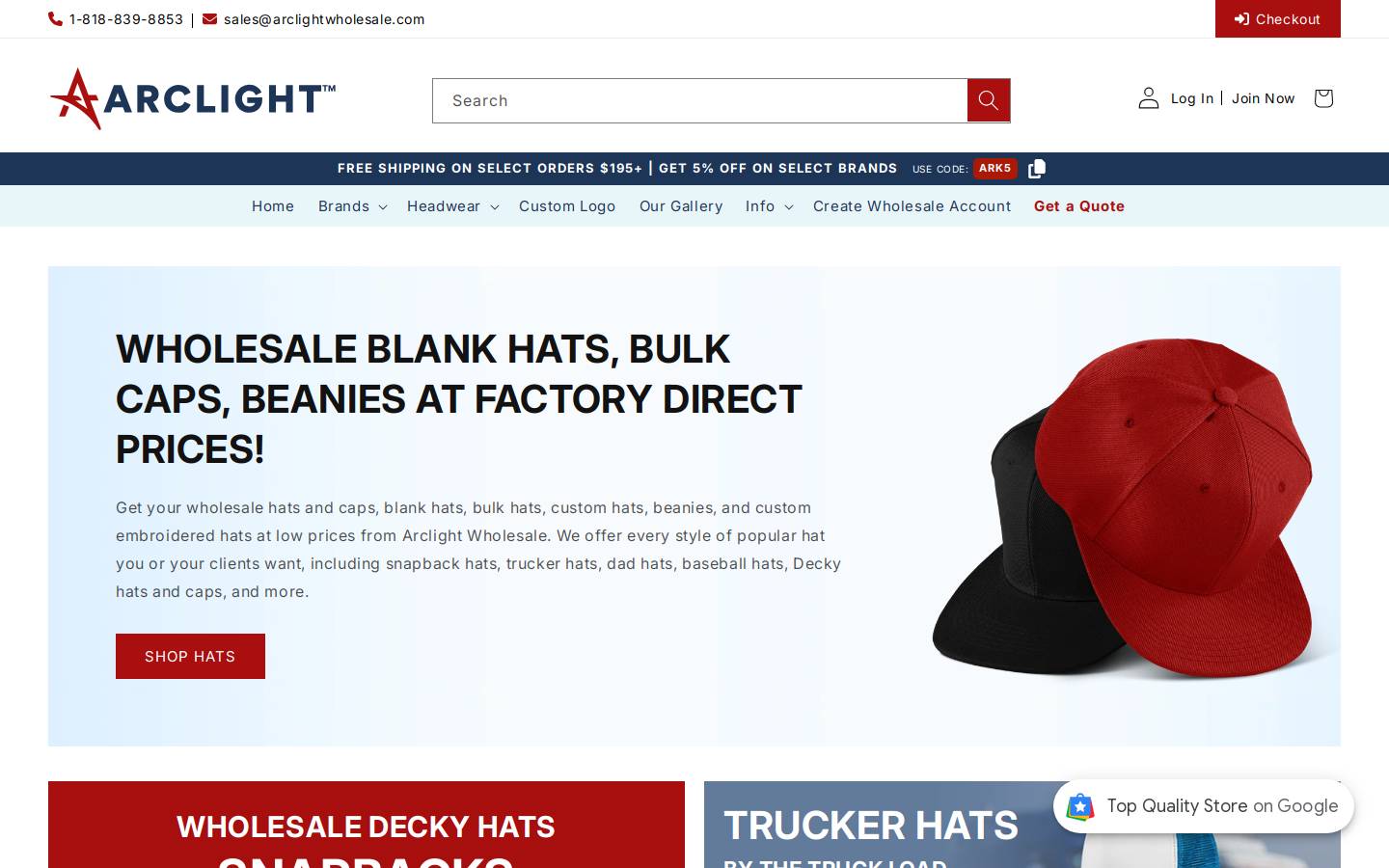 arclightwholesale.com homepage screenshot