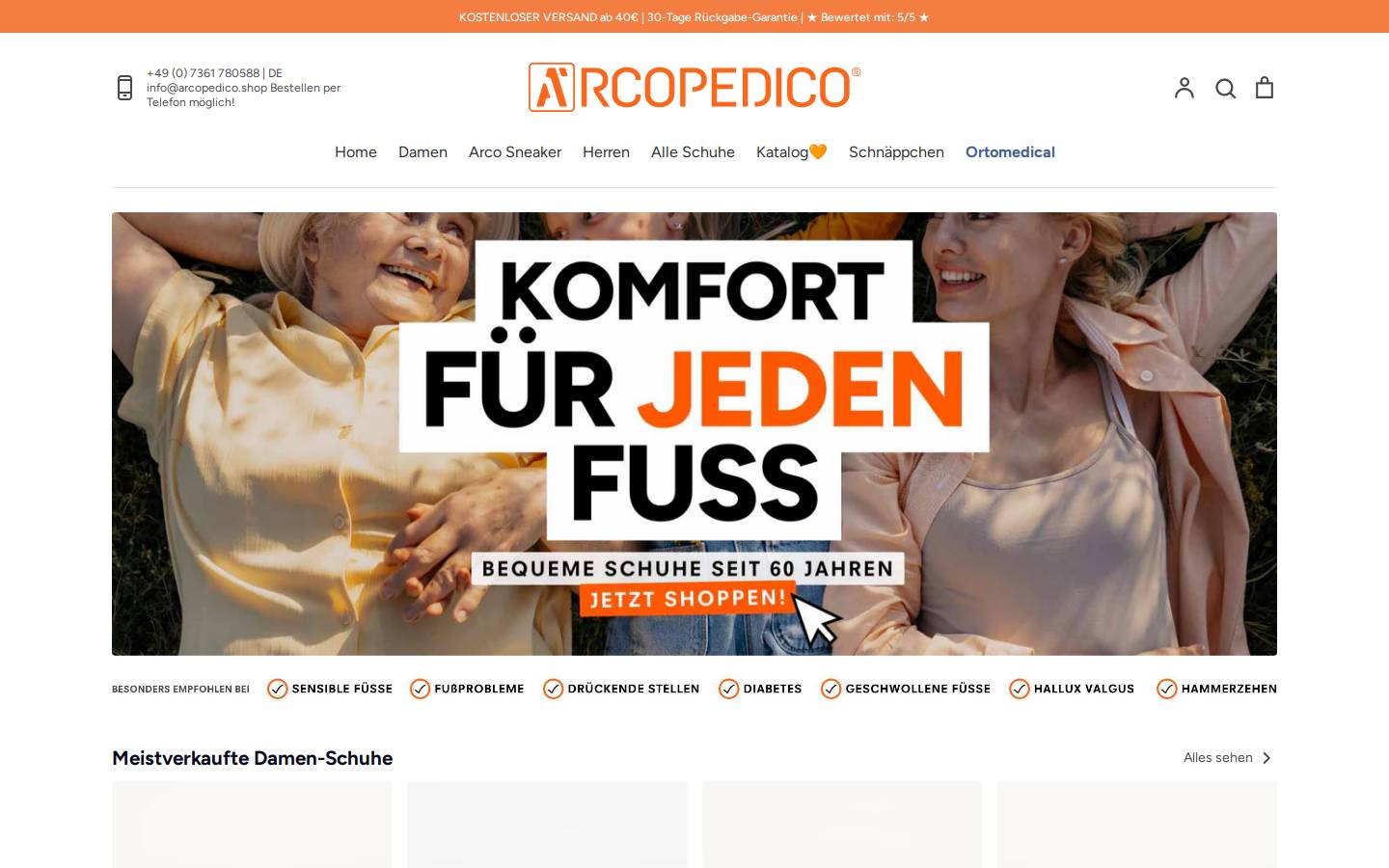 Arcopedico Deutschland homepage screenshot