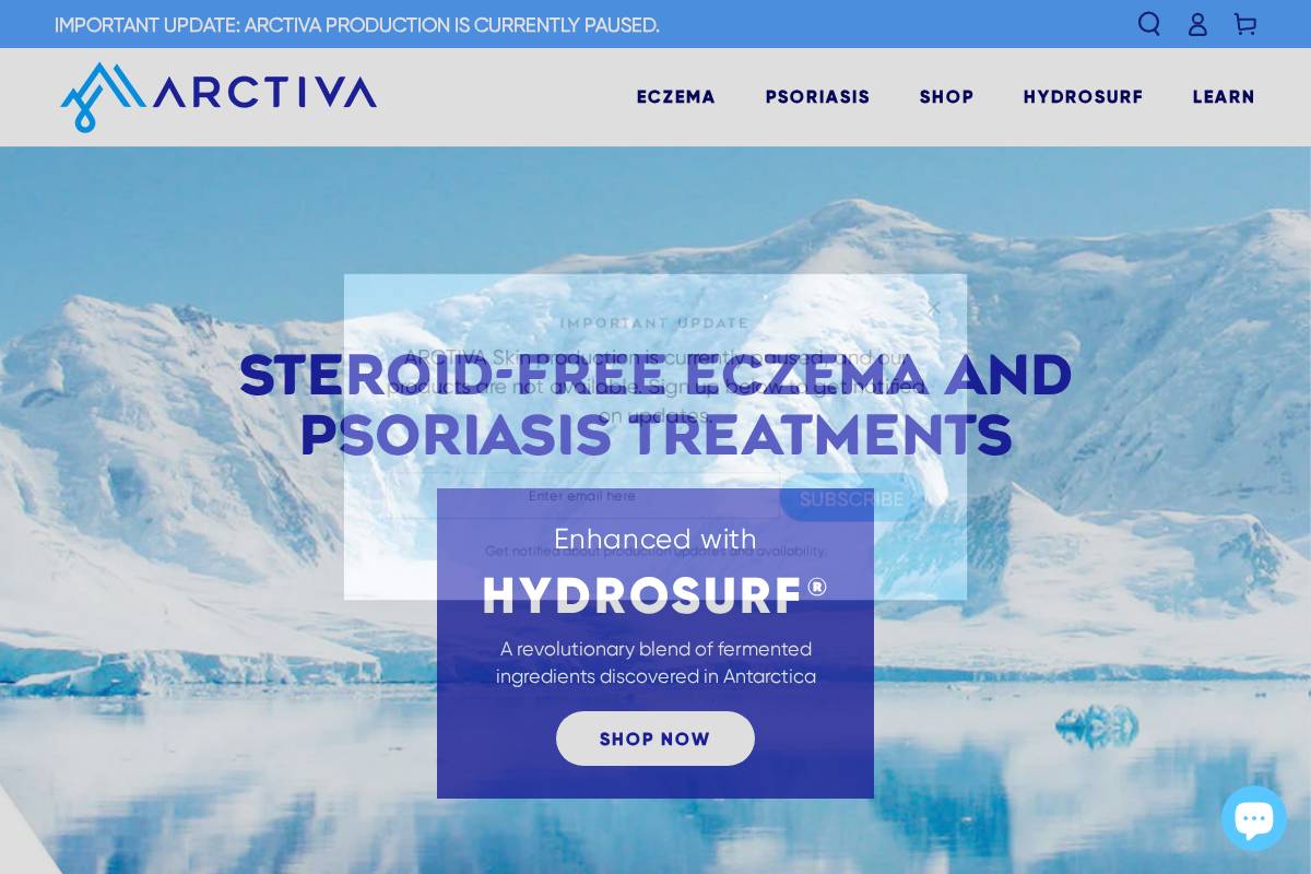 arctivaskin.com homepage screenshot