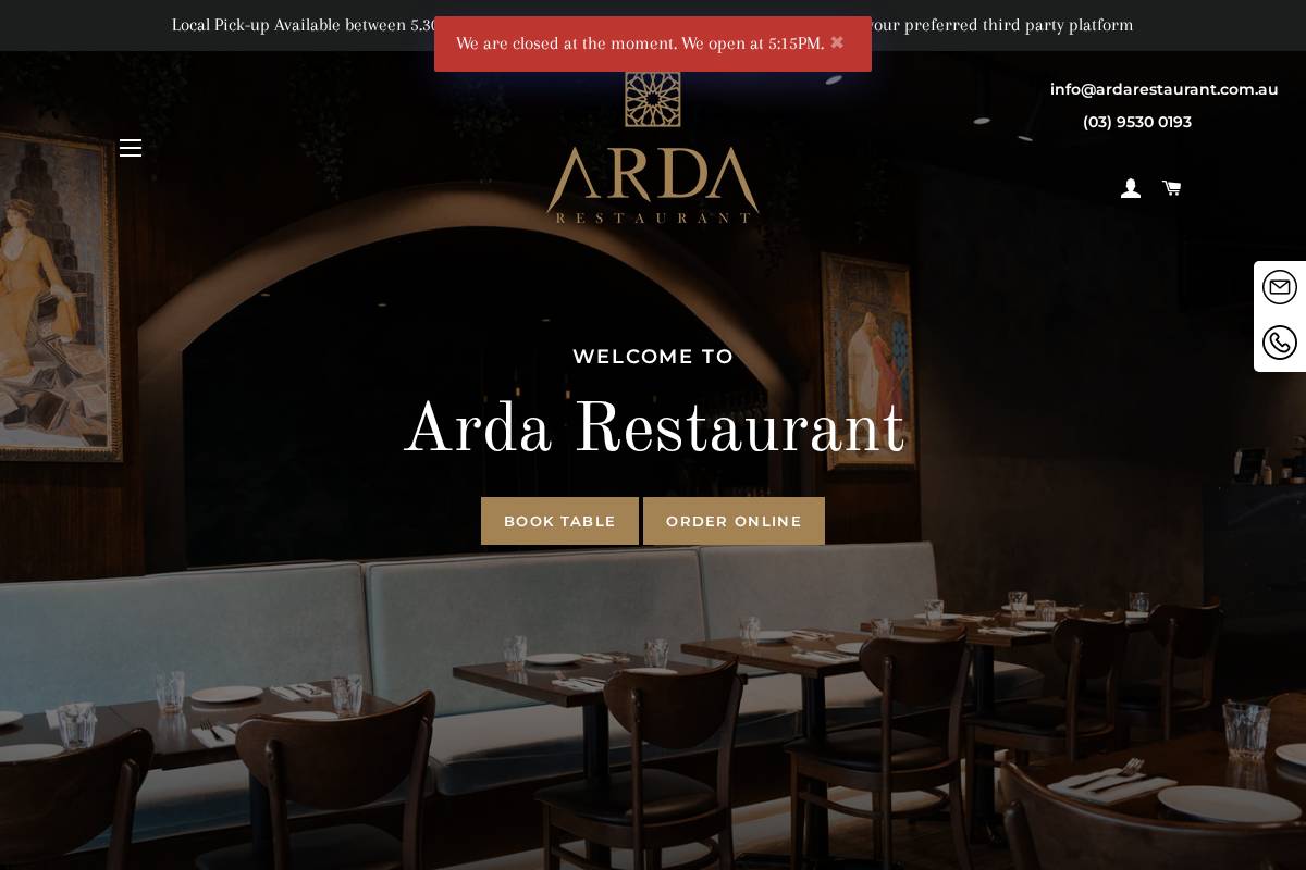 ardarestaurant.com.au homepage screenshot