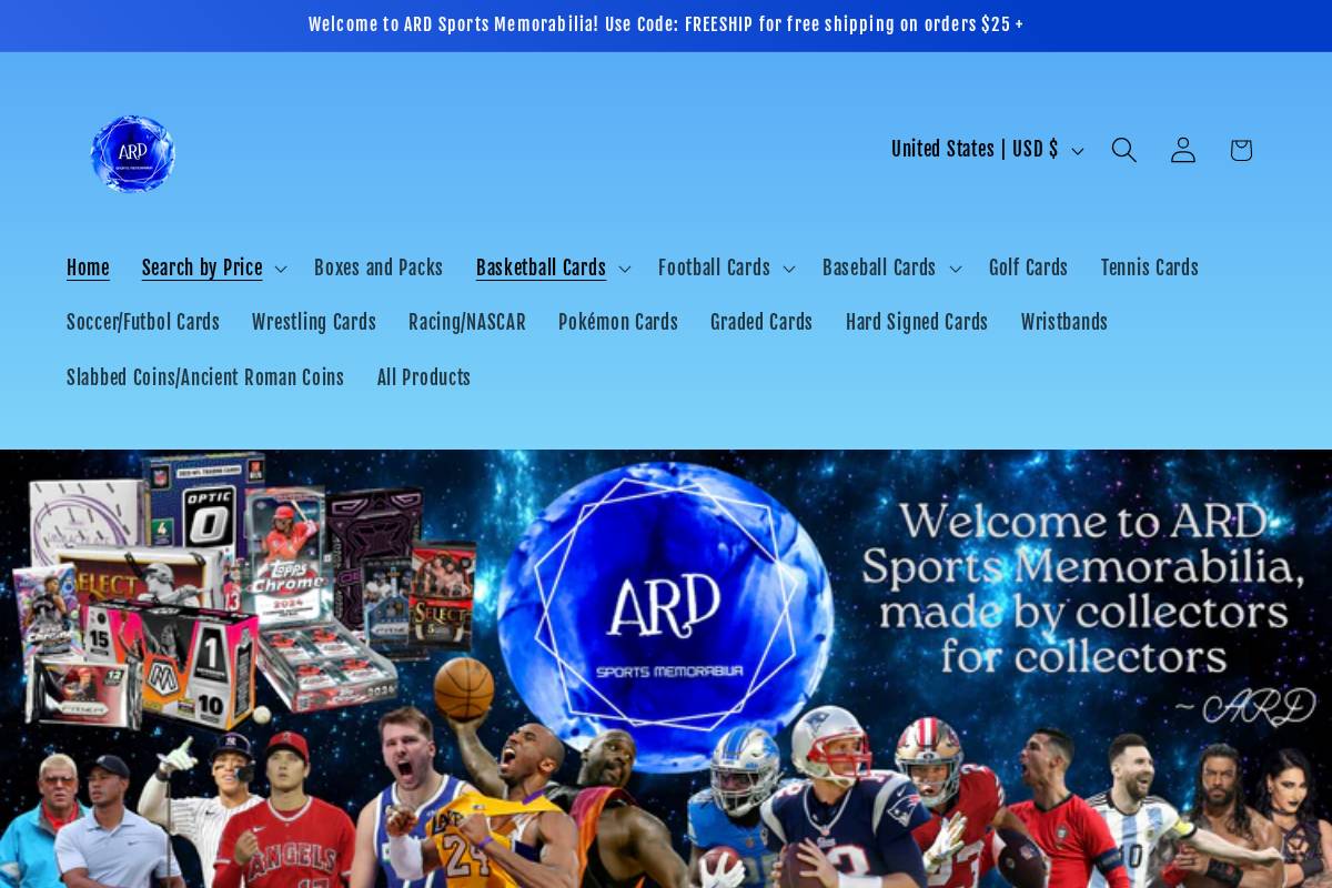 ardsportsmemorabilia.com homepage screenshot