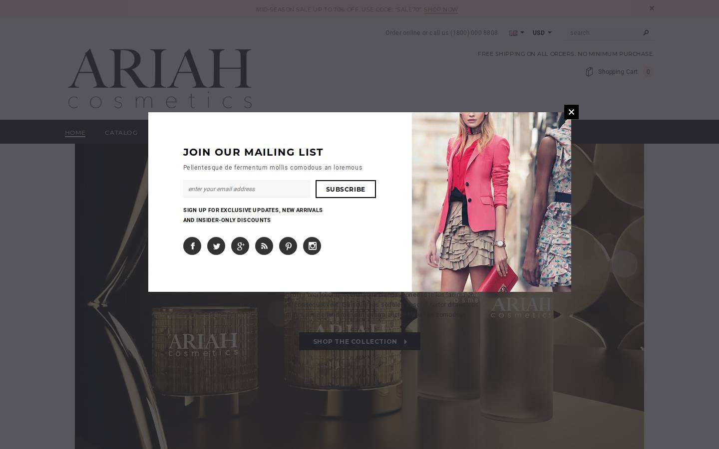 ariahcosmetics.com homepage screenshot