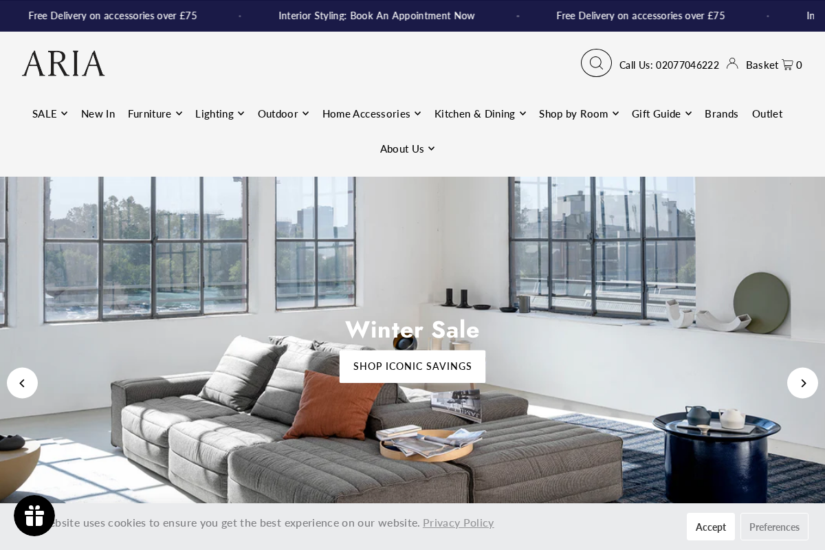 Aria Shop homepage screenshot
