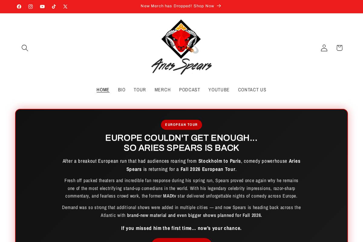 ariesspears.com homepage screenshot
