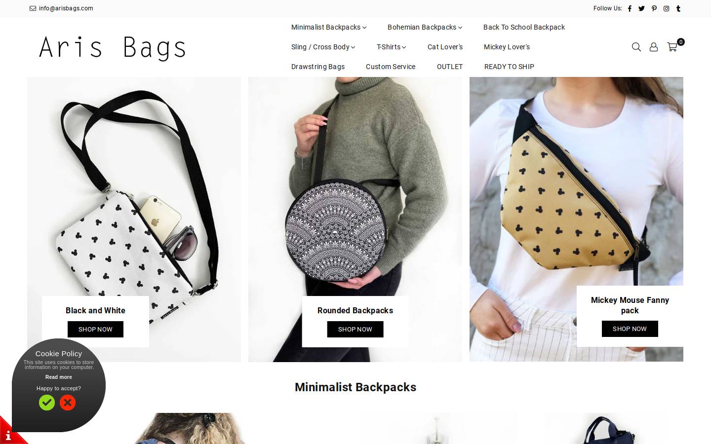 arisbags.com homepage screenshot