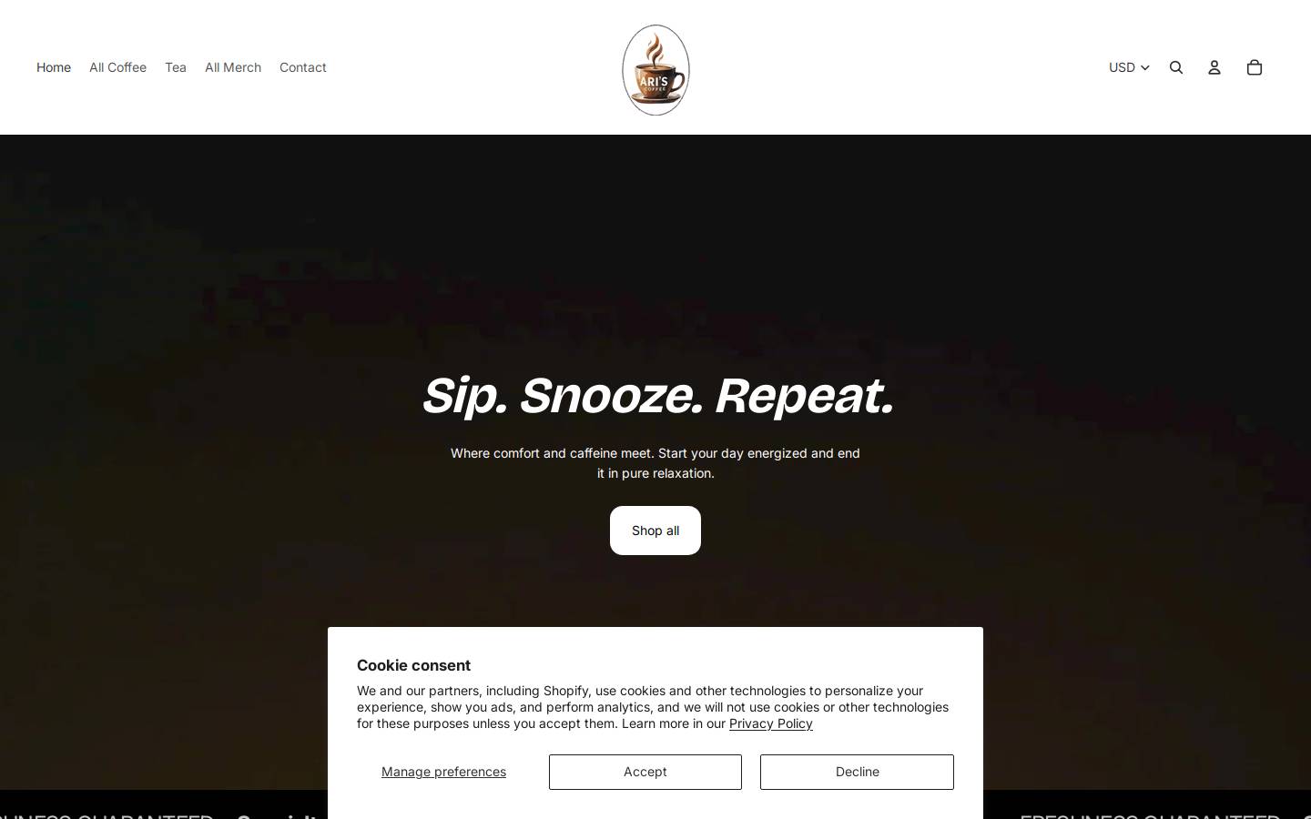 ariscoffee.com homepage screenshot