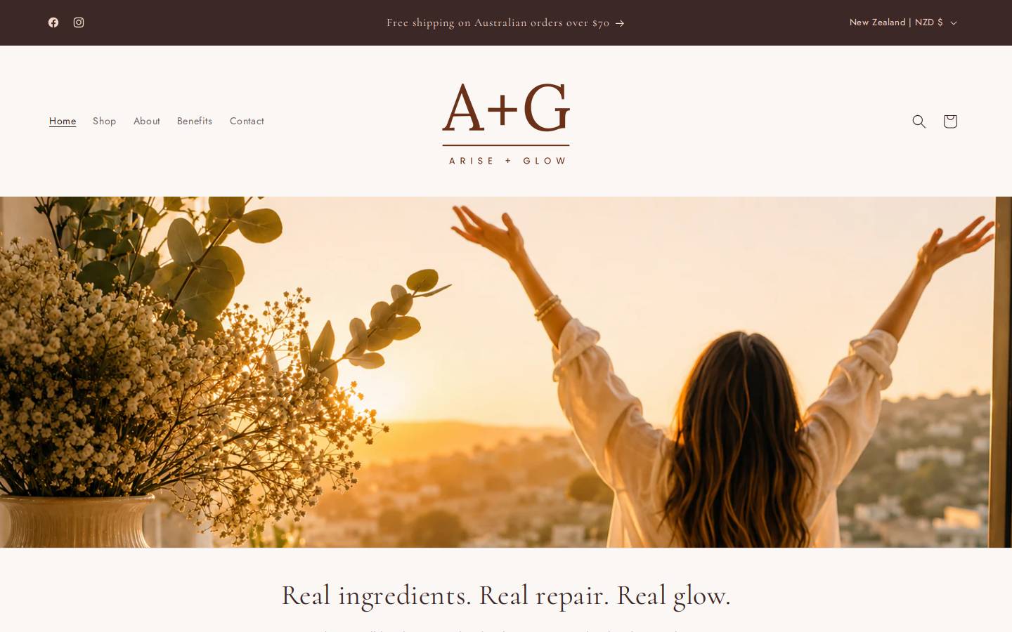 ariseandglow.com.au homepage screenshot