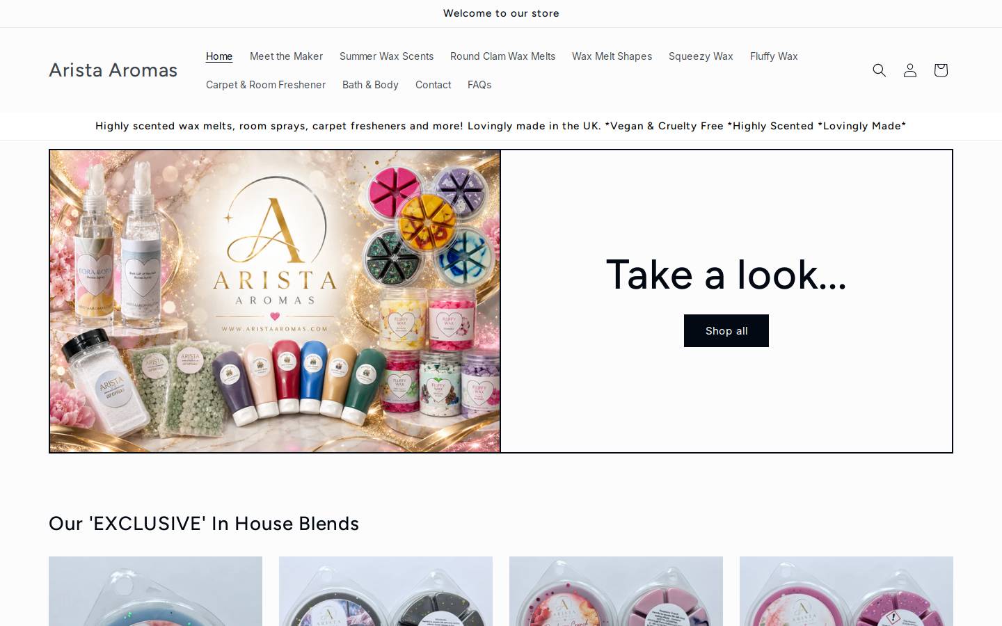 aristaaromas.com homepage screenshot