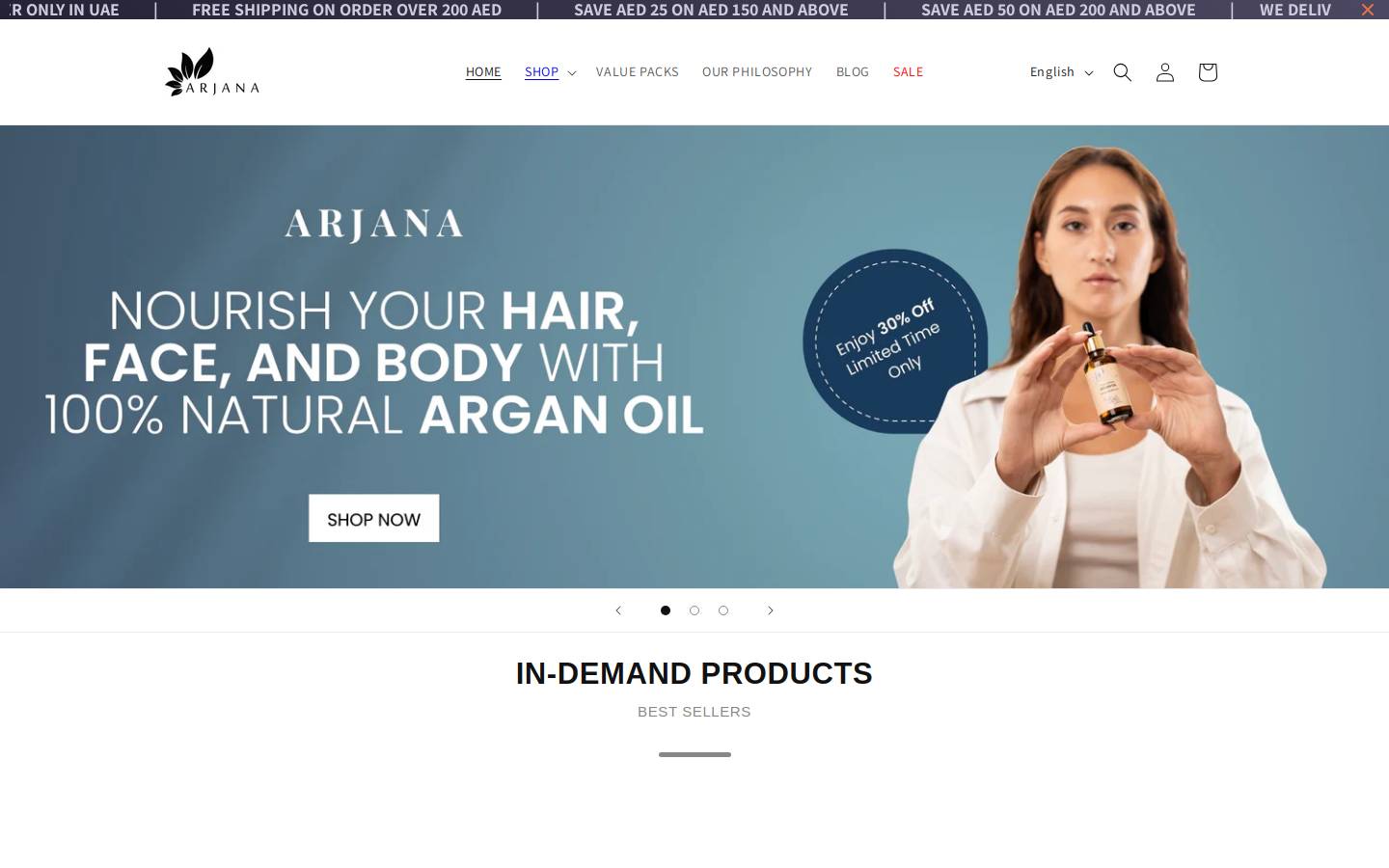arjanabeauty.com homepage screenshot