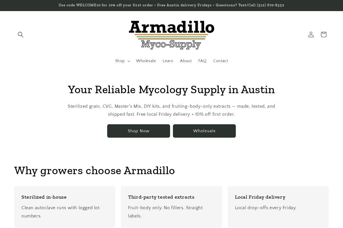 Armadillo Myco Supply homepage screenshot