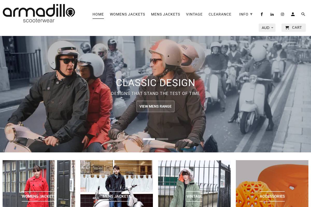 armadilloscooterwear.com homepage screenshot
