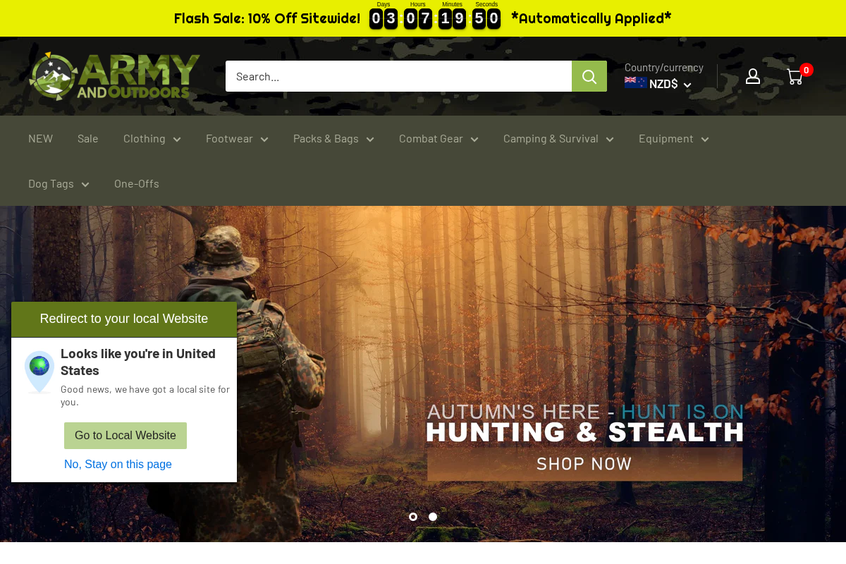 Army and Outdoors homepage screenshot