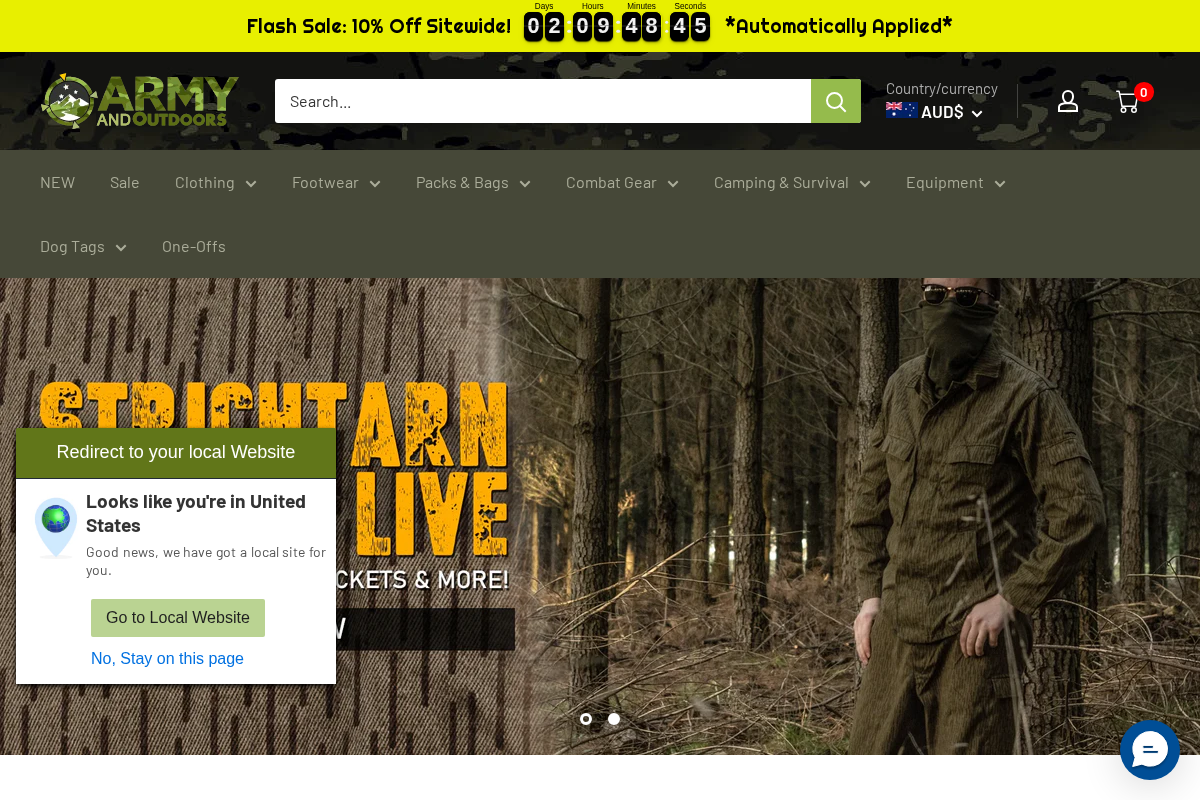 Army and Outdoors homepage screenshot