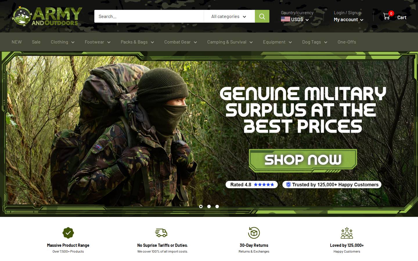 Army and Outdoors homepage screenshot