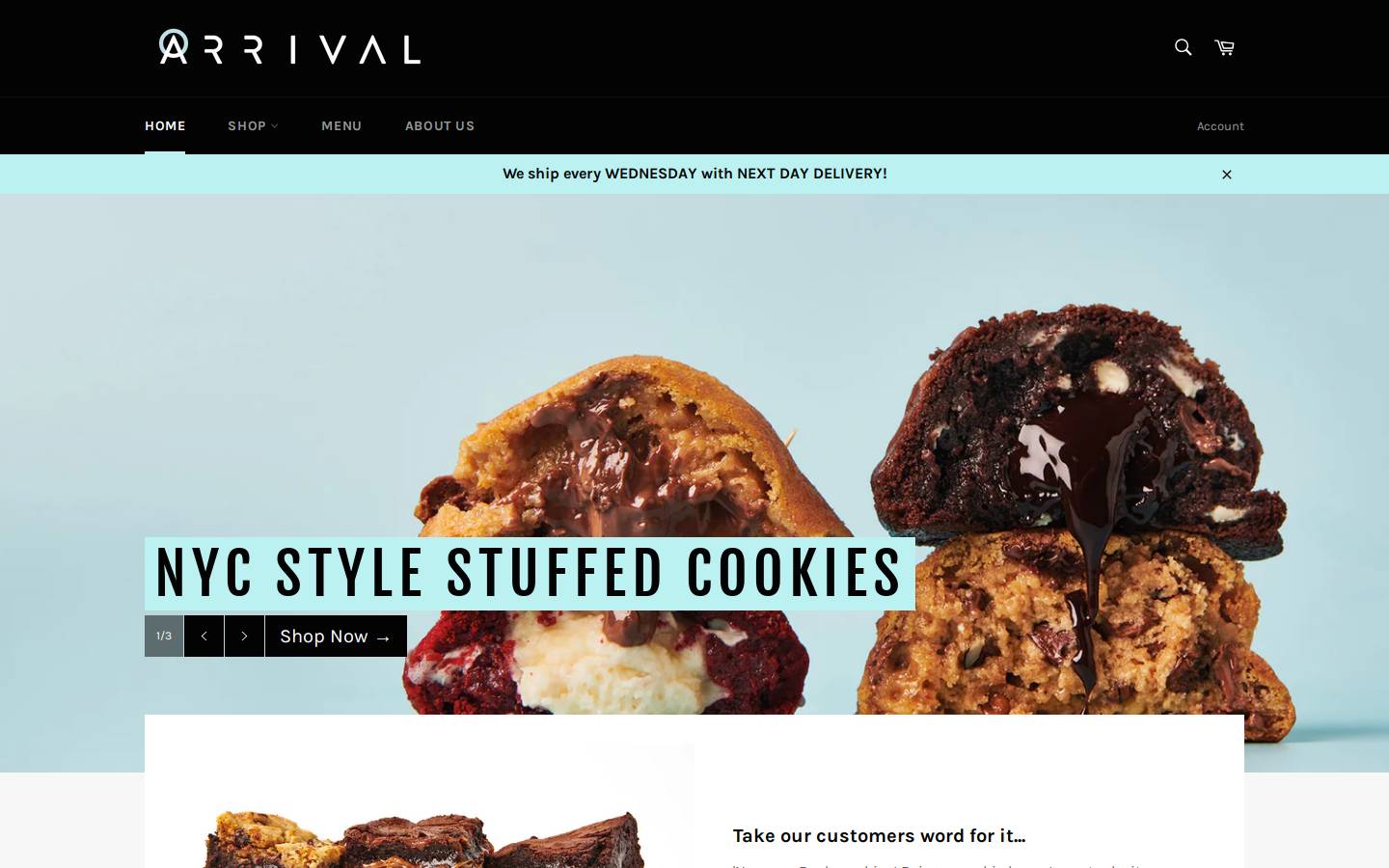 Arrival Cookies homepage screenshot