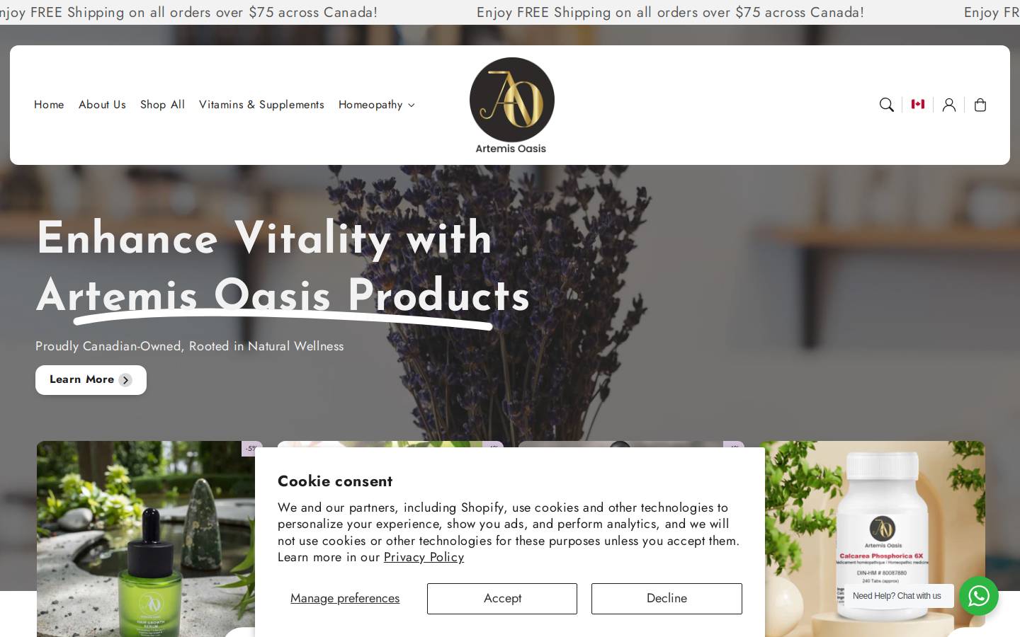 artemisoasis.com homepage screenshot