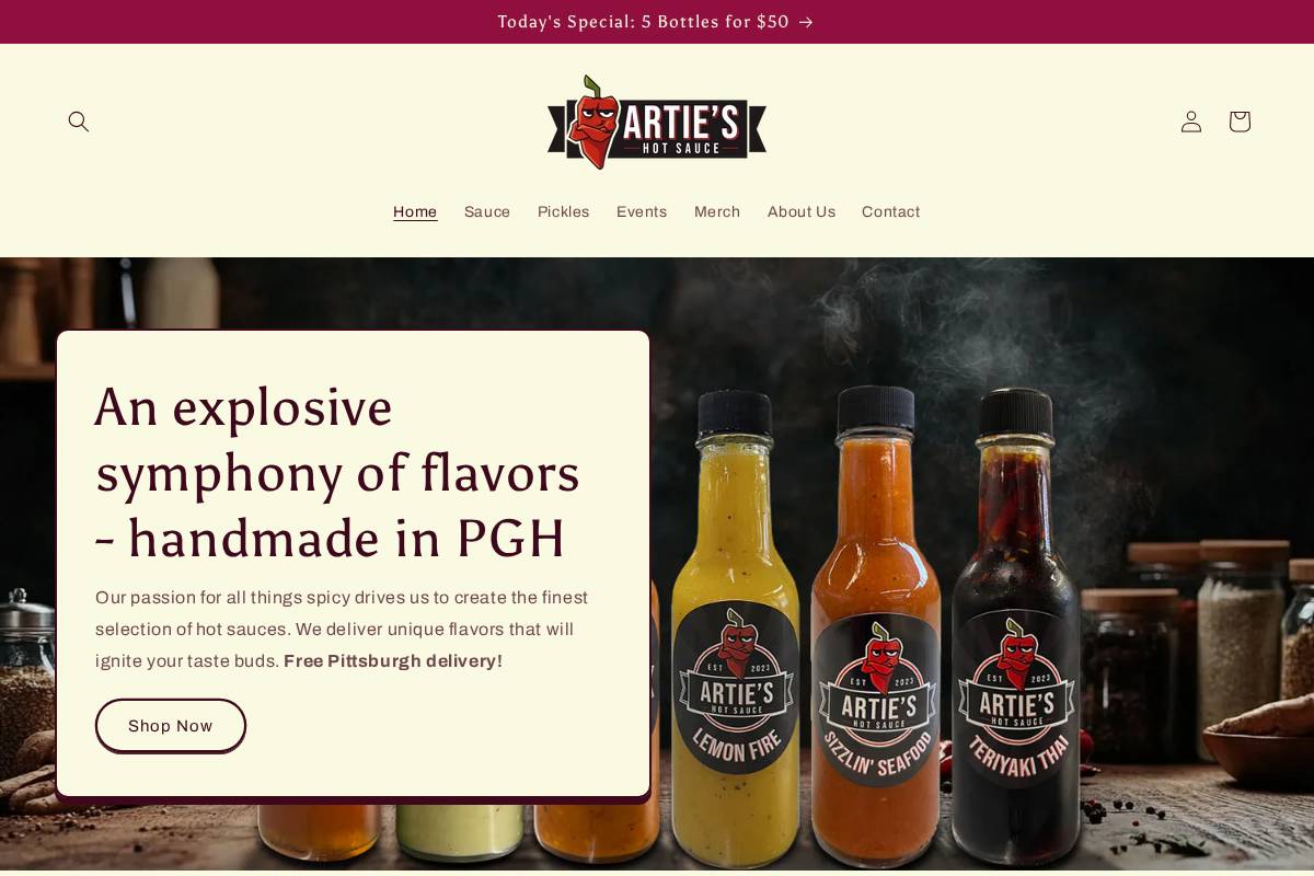 artieshotsauce.com homepage screenshot