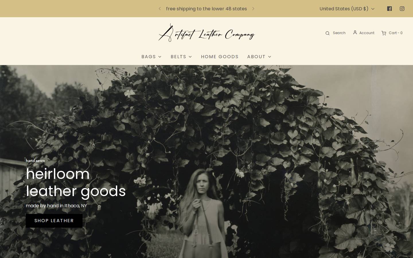 artifactleather.com homepage screenshot