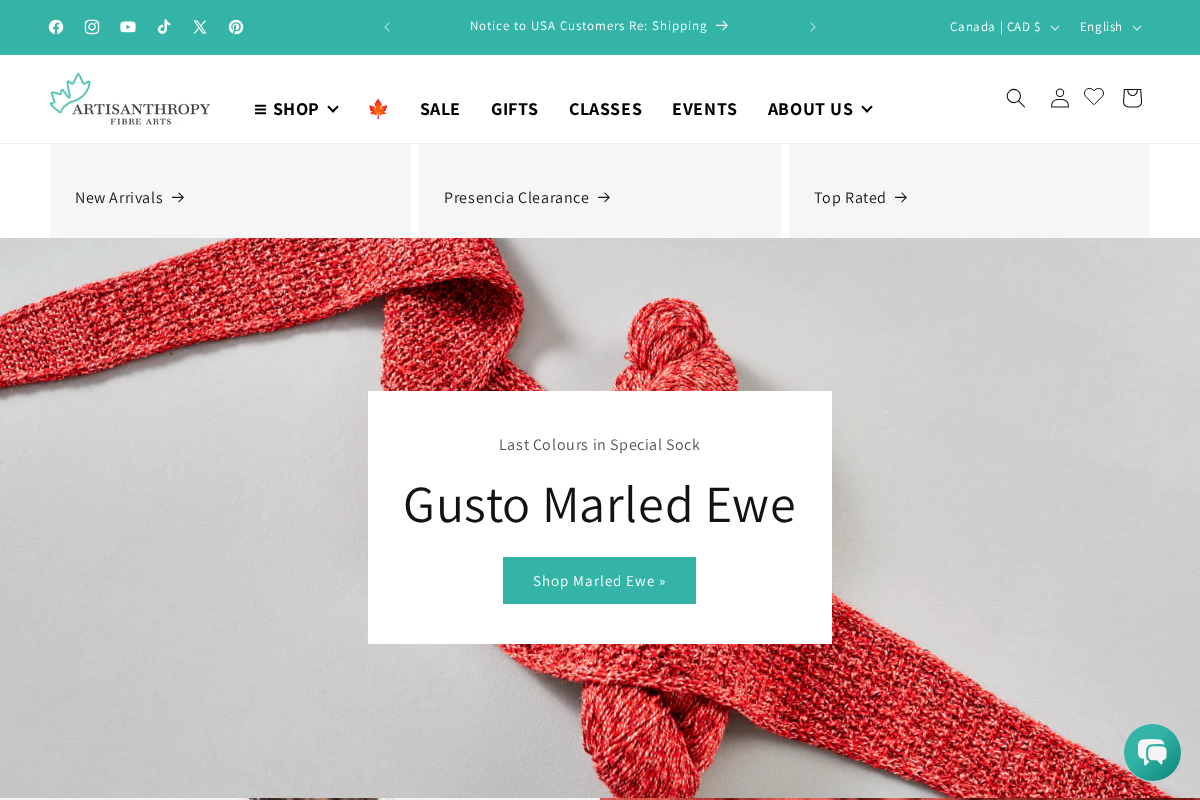 Artisanthropy Fibre Arts homepage screenshot