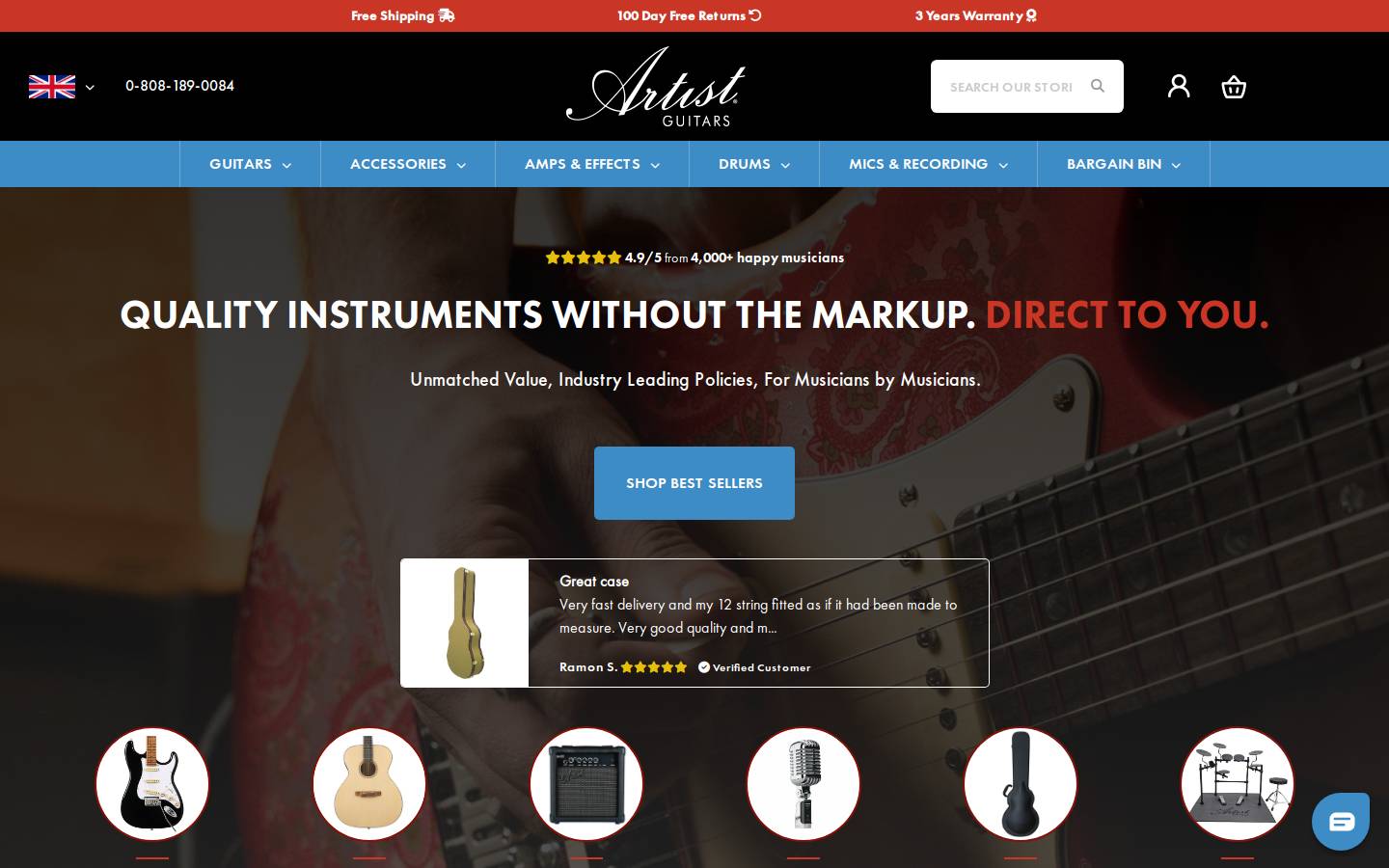 Artist Guitars UK homepage screenshot
