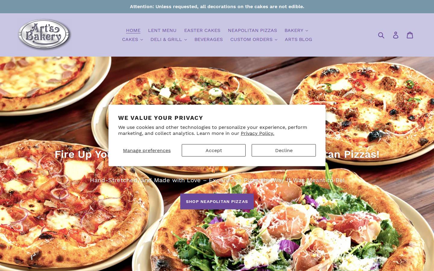 artsbakerycafe.com homepage screenshot