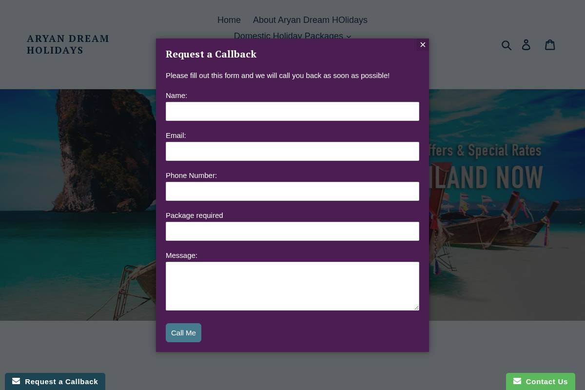 aryandreamholidays.com homepage screenshot