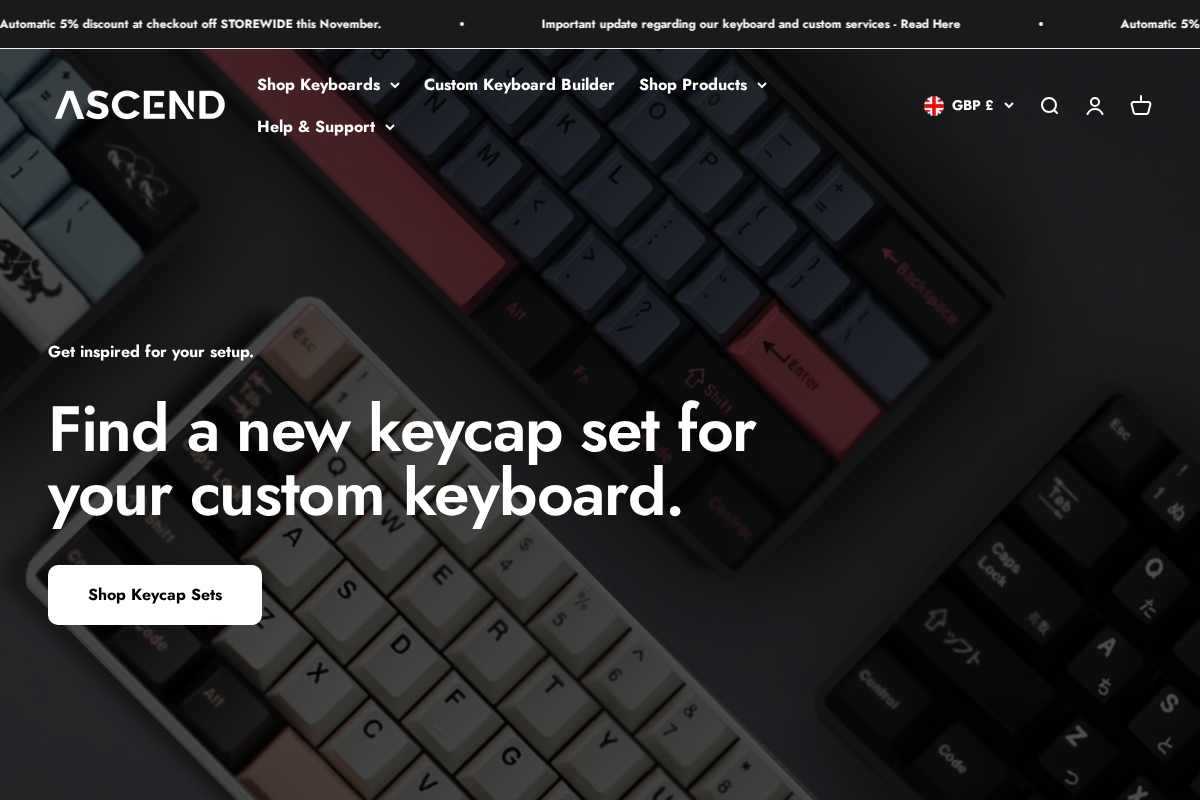 Ascend Keyboards homepage screenshot