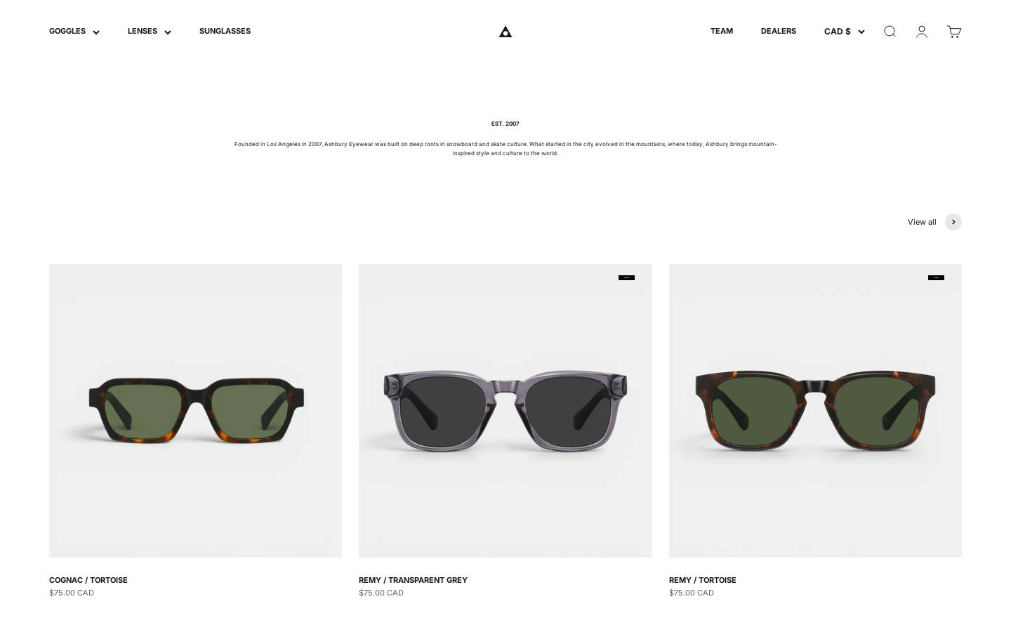 ashburyeyewear.com homepage screenshot