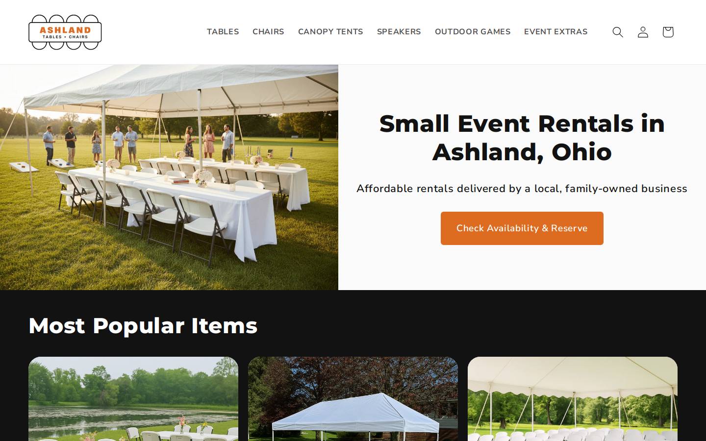 ashlandtablesandchairs.com homepage screenshot