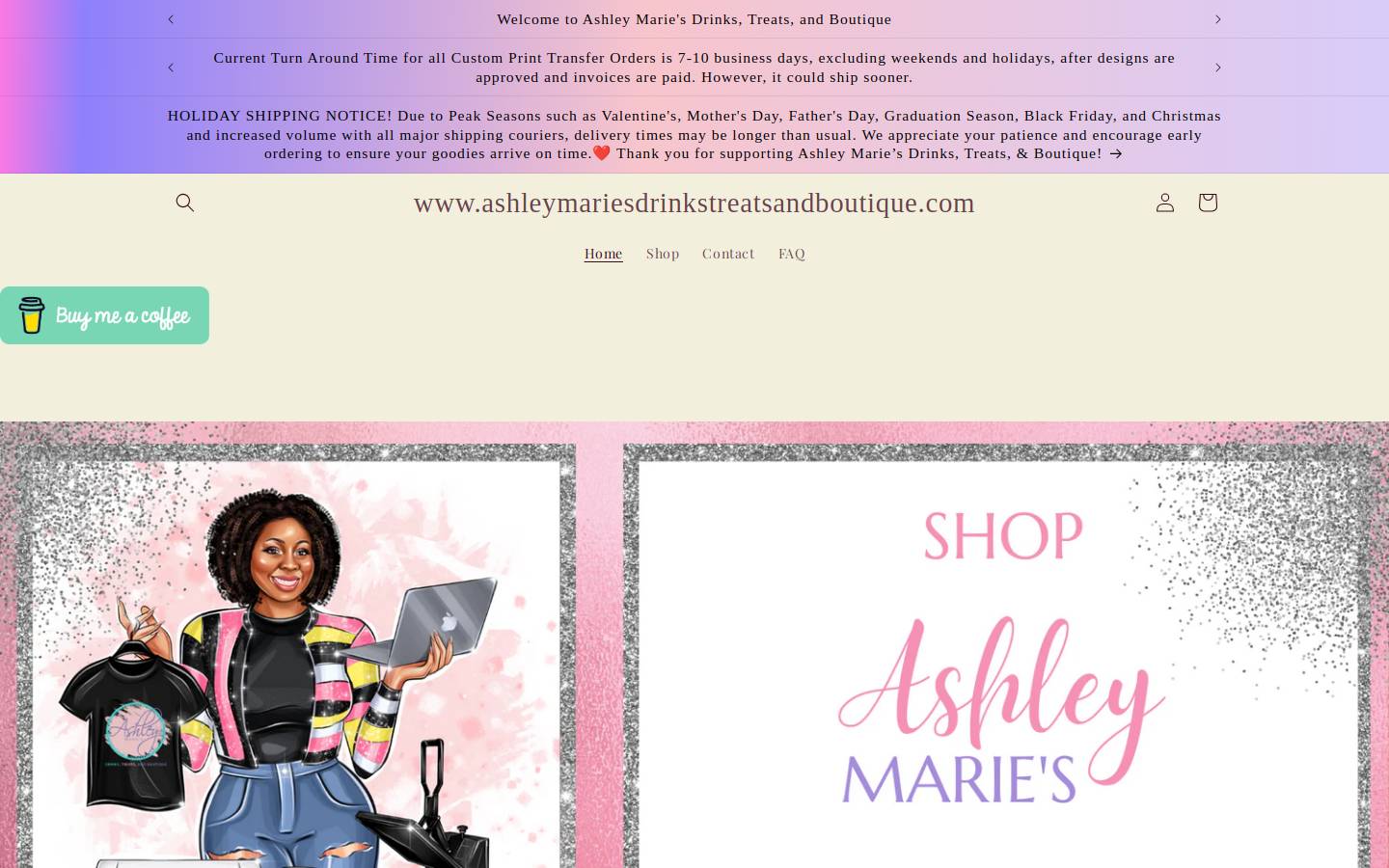 ashleymariesdrinkstreatsandboutique.com homepage screenshot