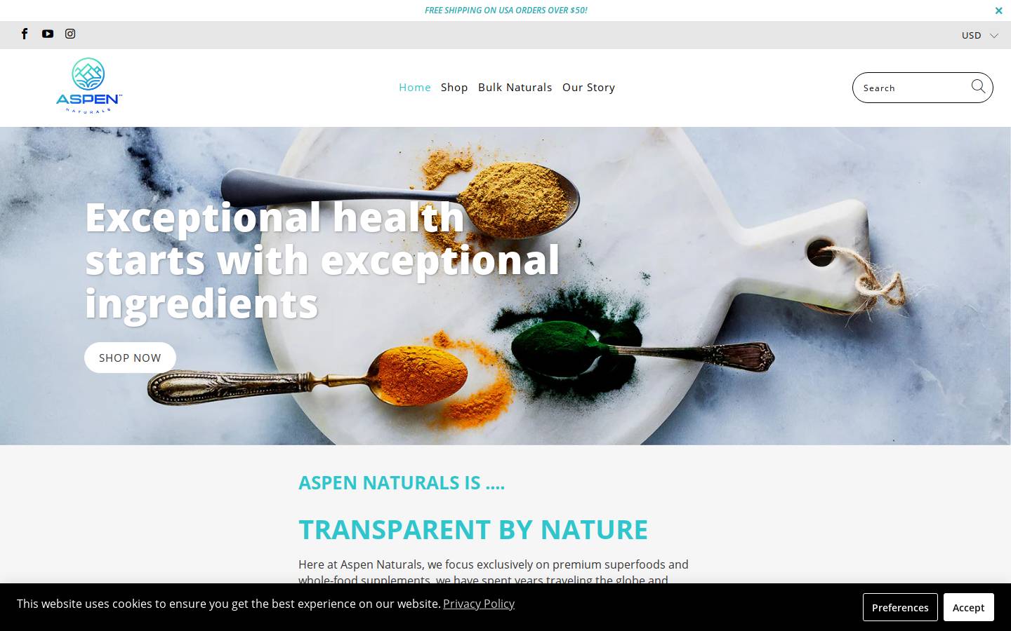 aspen-naturals.com homepage screenshot